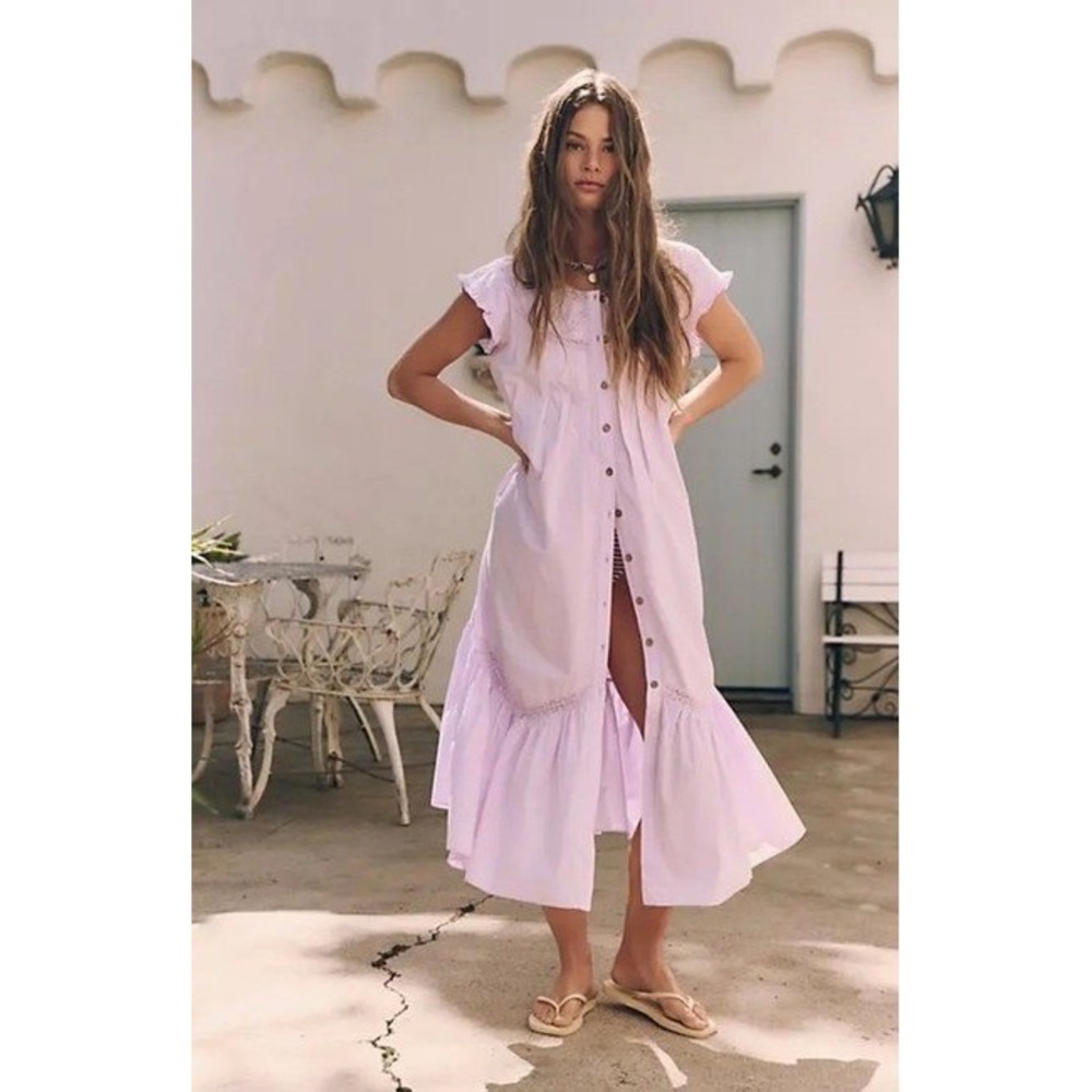 Free People Free-Est Lavender Crochet Lace Button Front Midi Dress Lilac XS